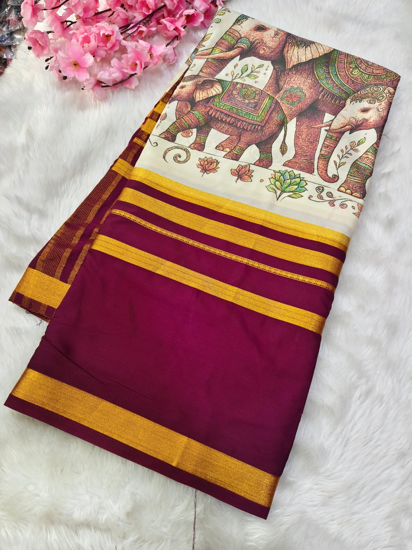 Wine elephant Digital printed semi Mysore crepe silk saree