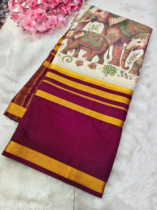 Wine elephant Digital printed semi Mysore crepe silk saree