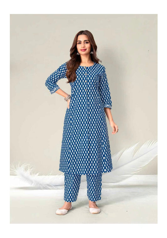 Blue Elegant Printed Cotton Kurta Set
