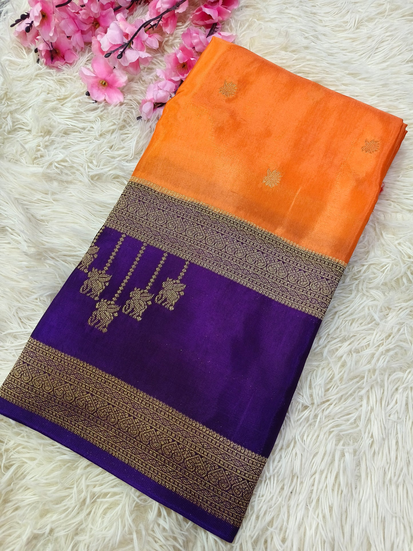 Orange With Purple Munga silk saree