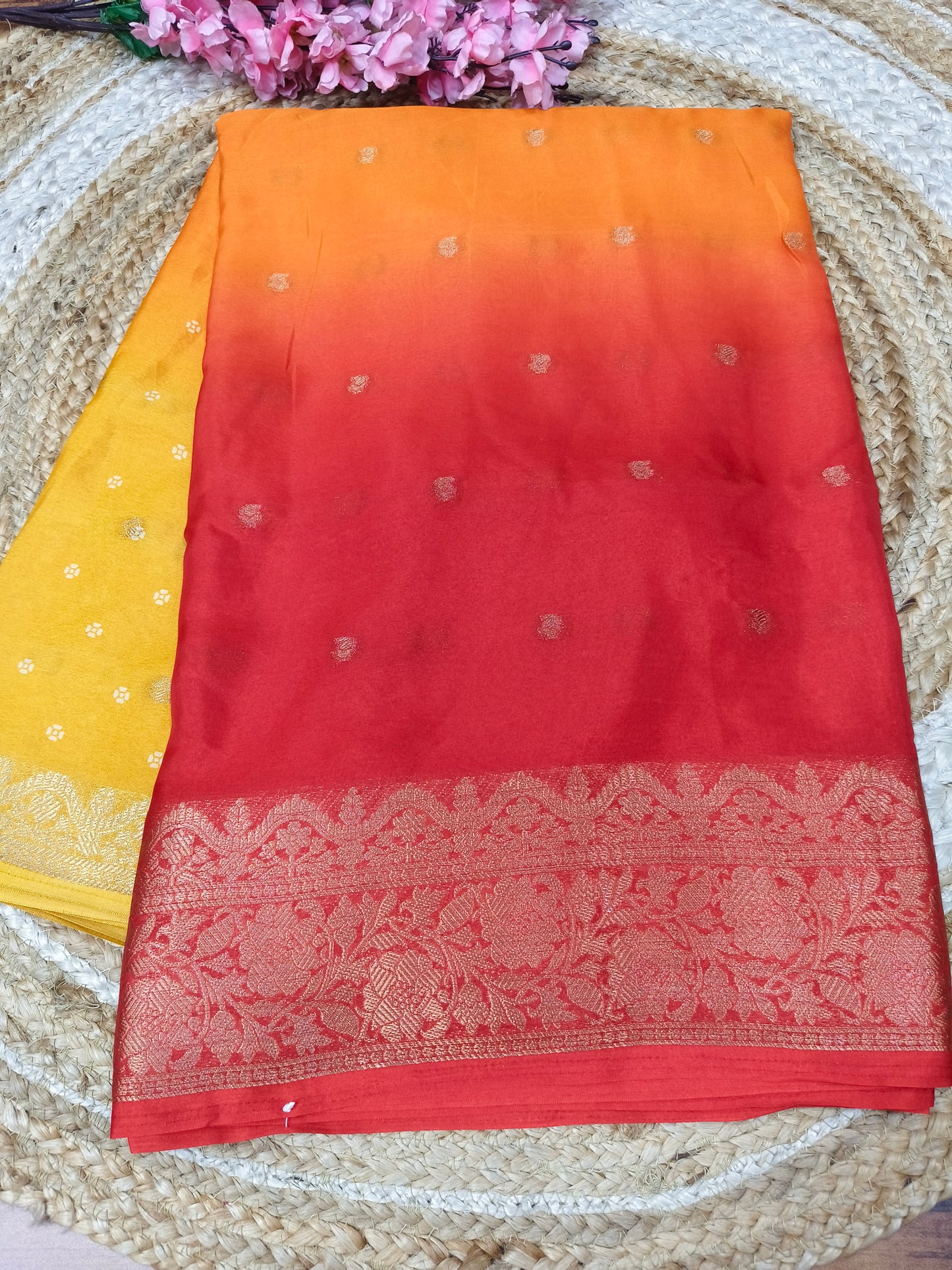 Sunset Orange with Red Soft viscose silk saree