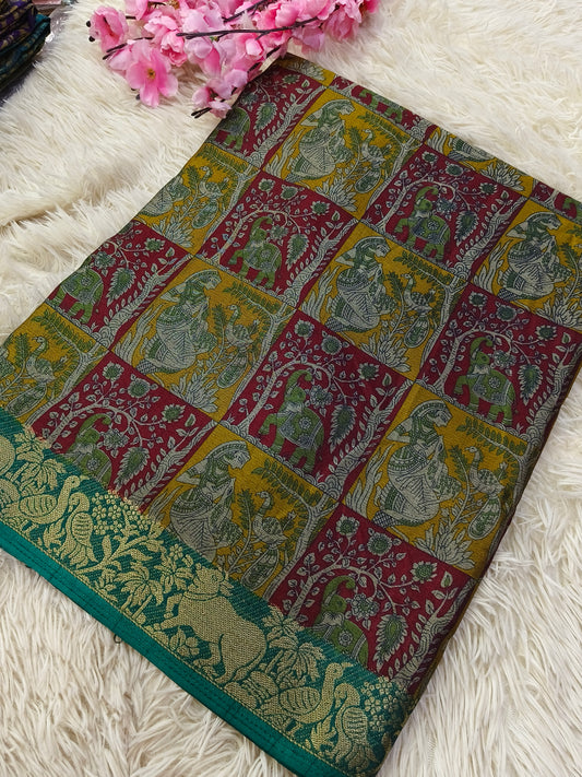 Green Kalamkari Fusion silk saree