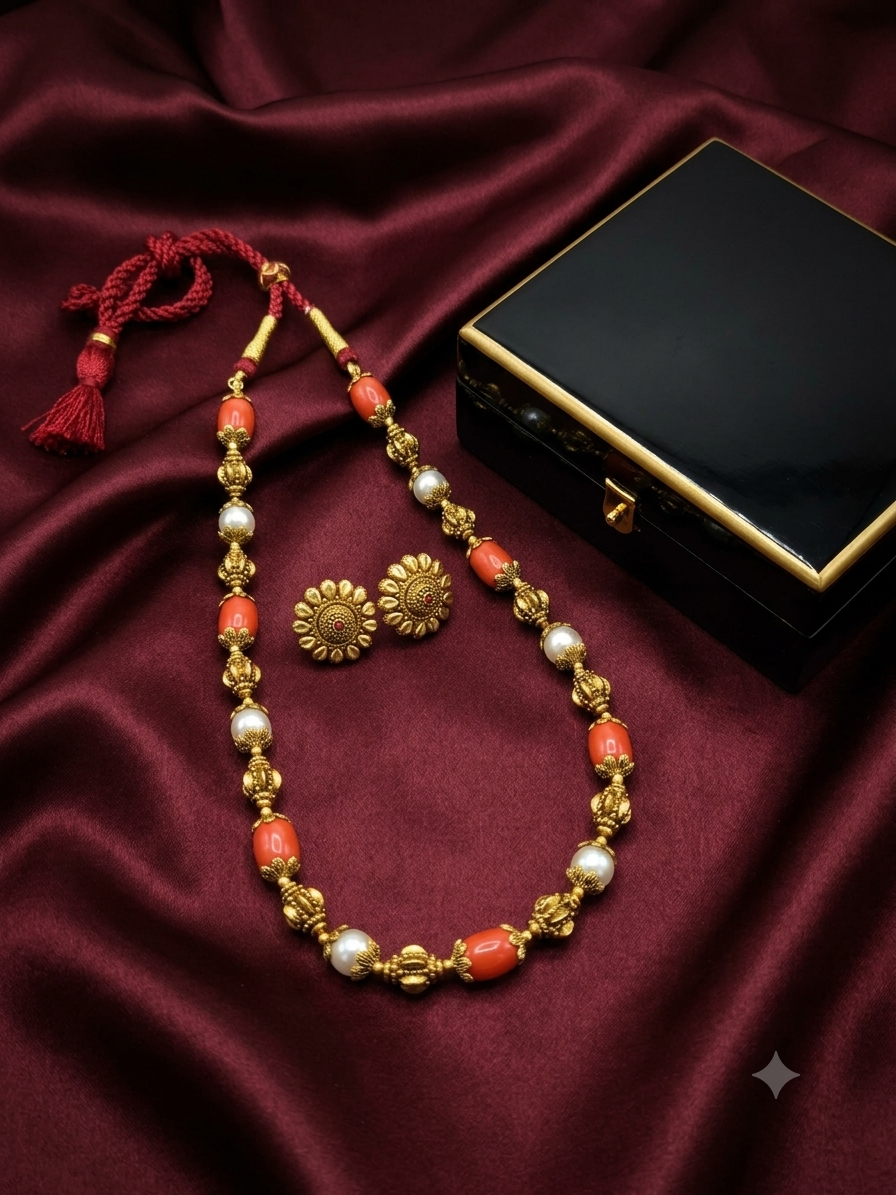 Antique Coral & Pearl Beads Gold Jewelry Set