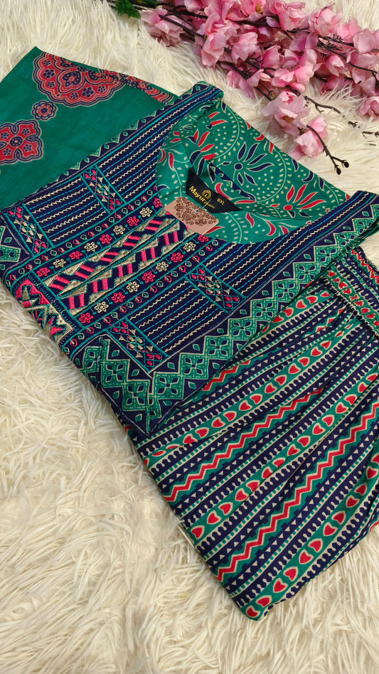 Green With Blue  Pure cotton straight cut Suit