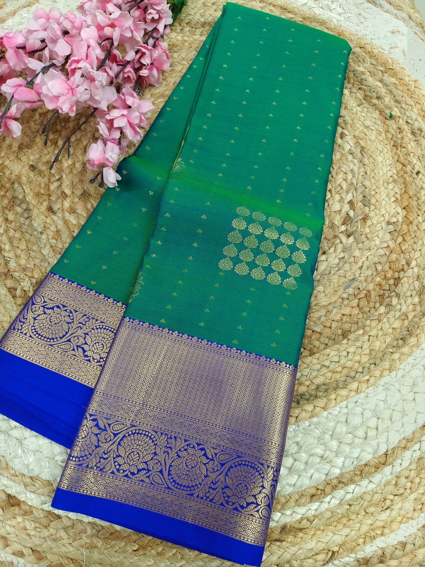 Bottle green with blue Elegant semi kanjivaram silk saree