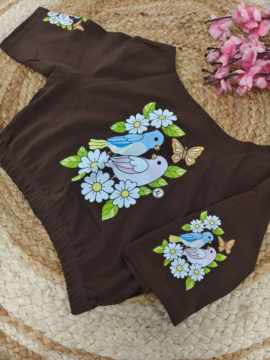 Brown Stretchable blouse with unique printed design