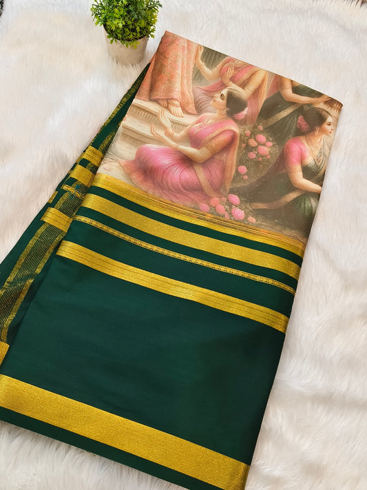 Bottlegreen printed semi Mysore crepe silk saree