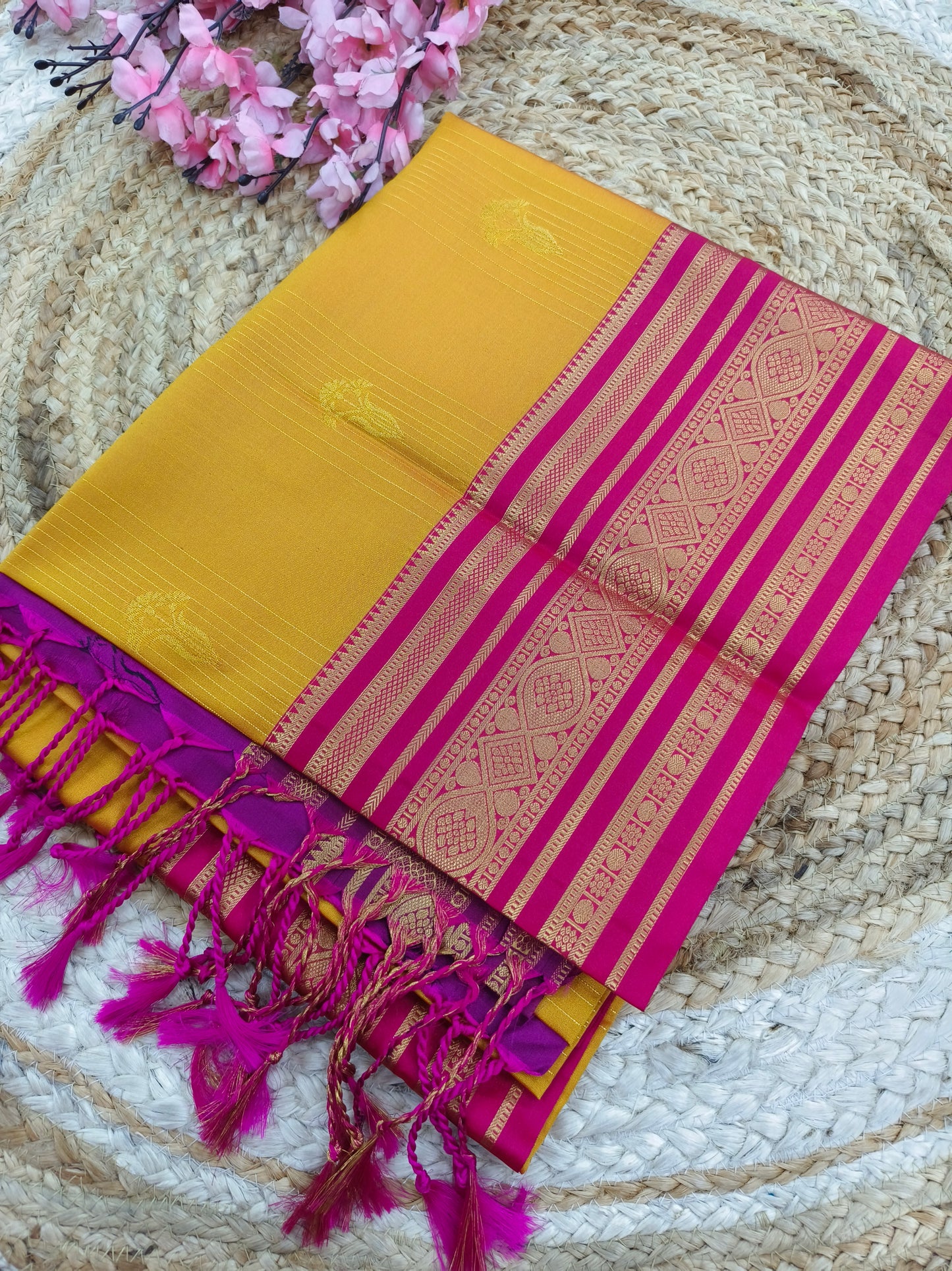 Yellow with Pink Elegant soft semi kanjivaram silk saree