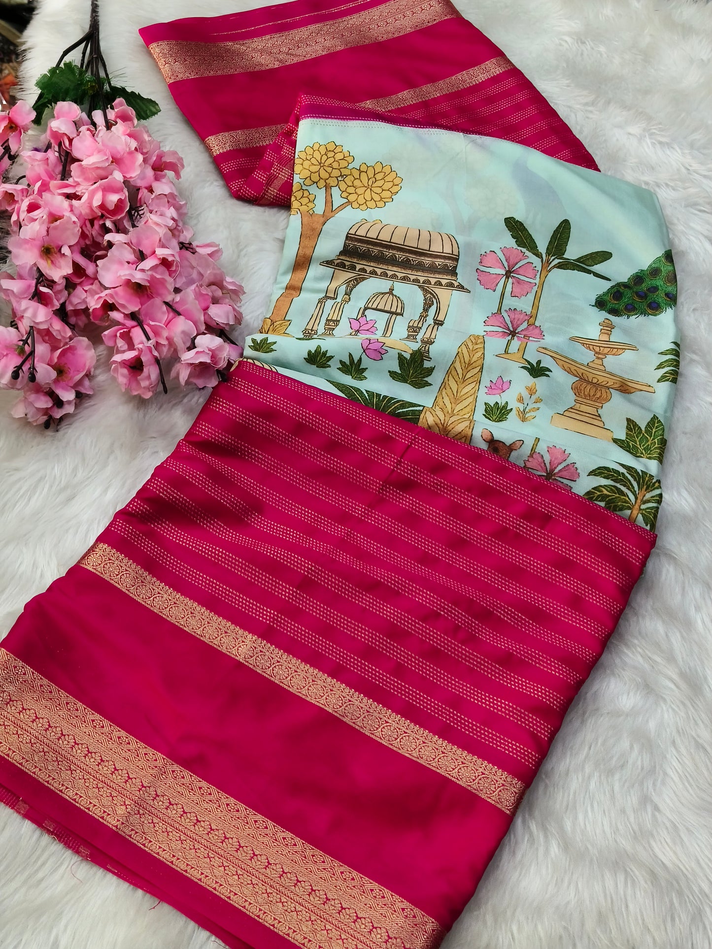 Pink With Light Blue Digital printed semi Mysore crepe silk saree