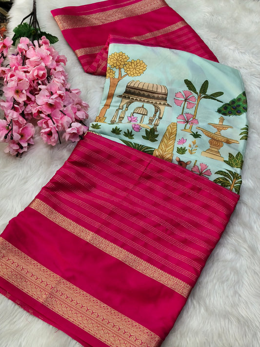 Pink With Light Blue Digital printed semi Mysore crepe silk saree