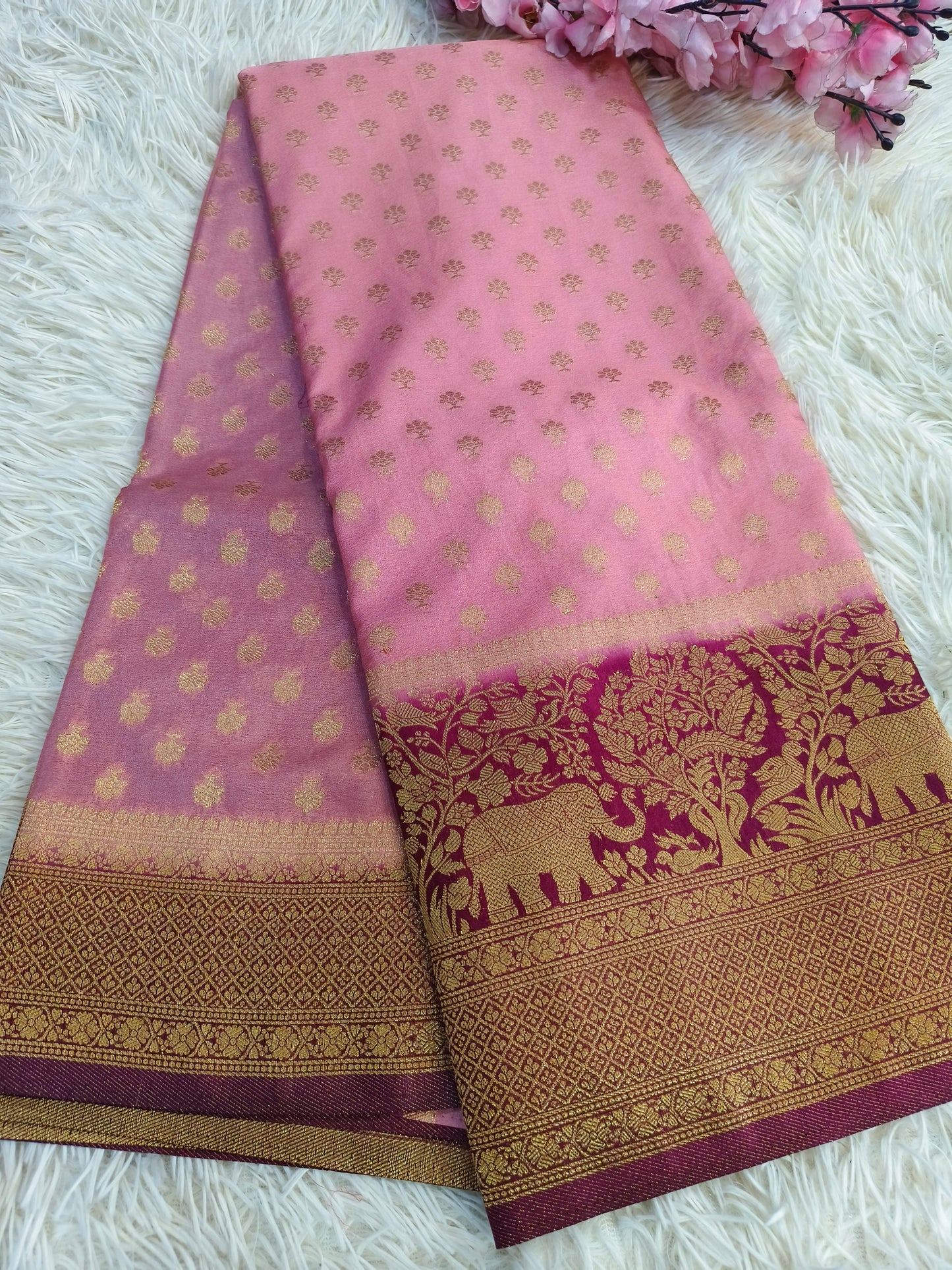 Peach with magenta pink Banarasi georgette silk saree