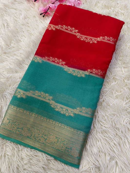 Red with Mint Green kadi Georgette silk saree