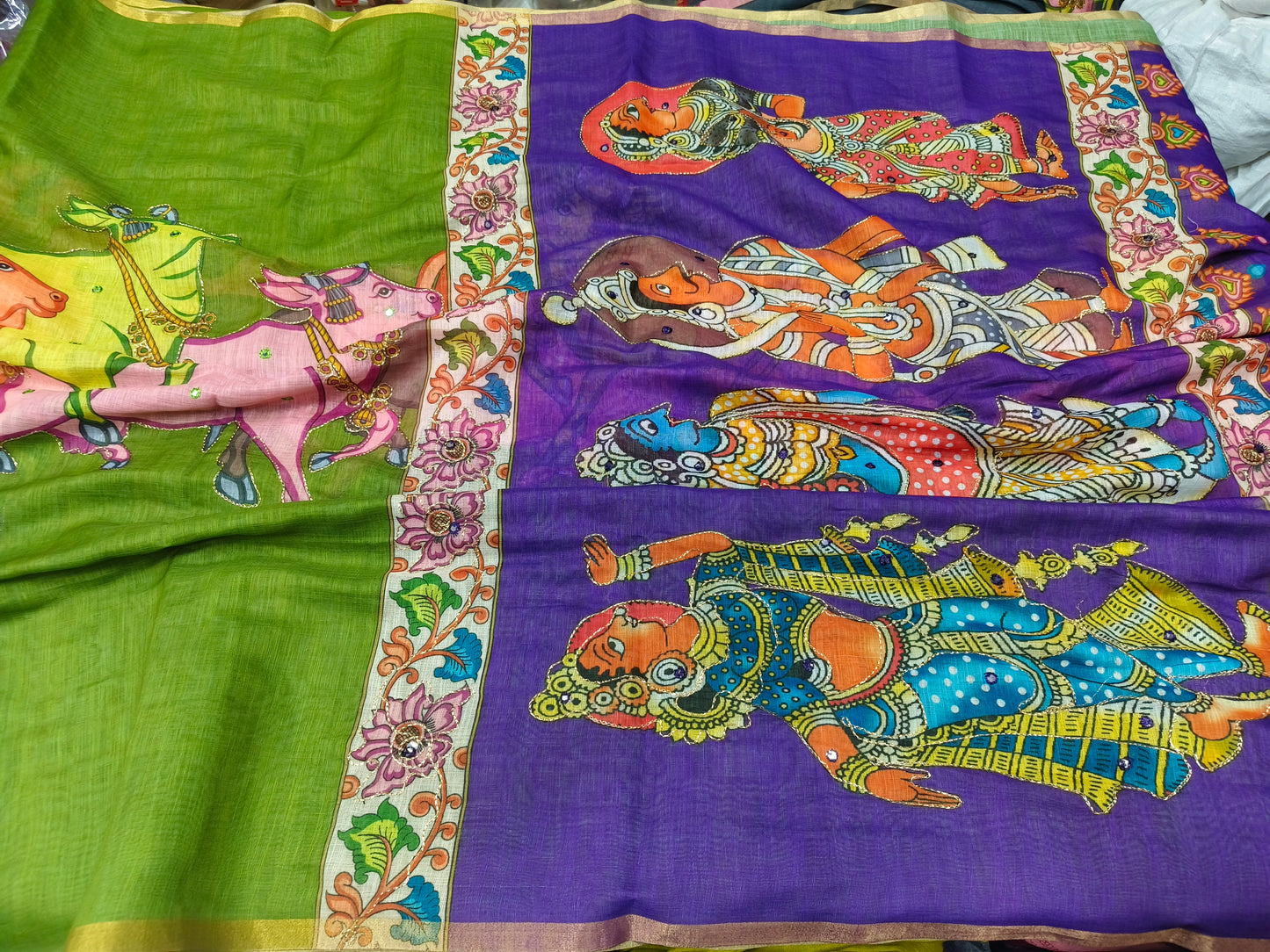 Purple with Green Linen cotton Kalamkari saree