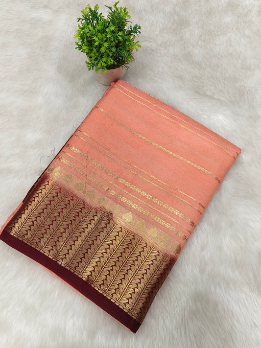 Peach With wine semi Mysore crepe silk saree