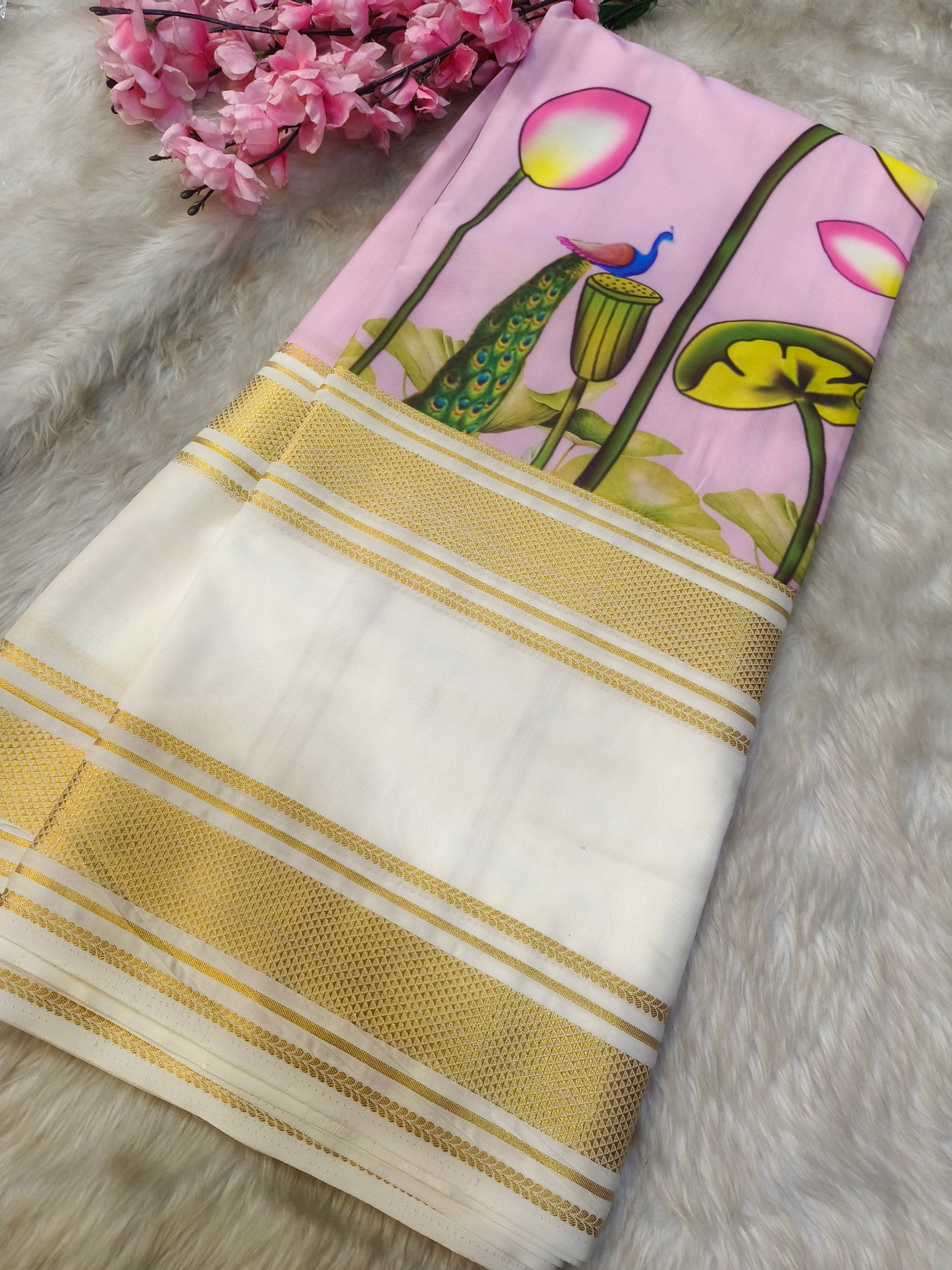 Light pink with white semi Mysore crepe silk saree