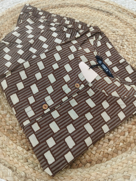 Brown Elegant Printed Cotton Kurta Set