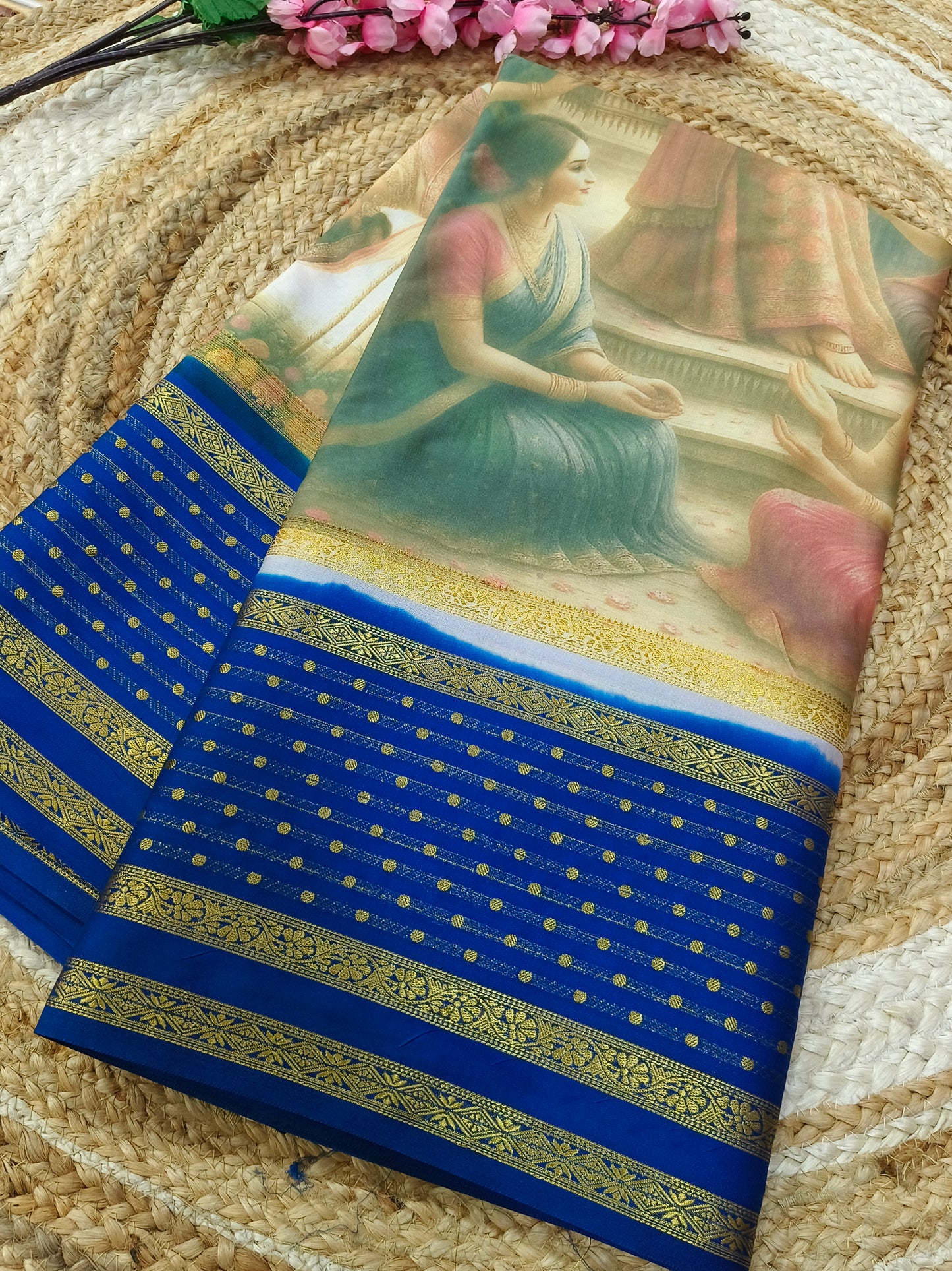 Peacock Blue queen's printed semi Mysore crepe silk saree
