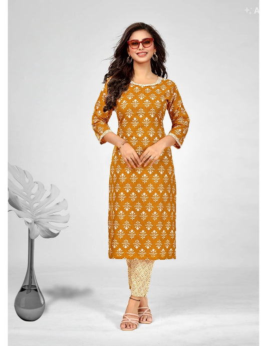 Yellow Elegant Printed Cotton Kurta Set