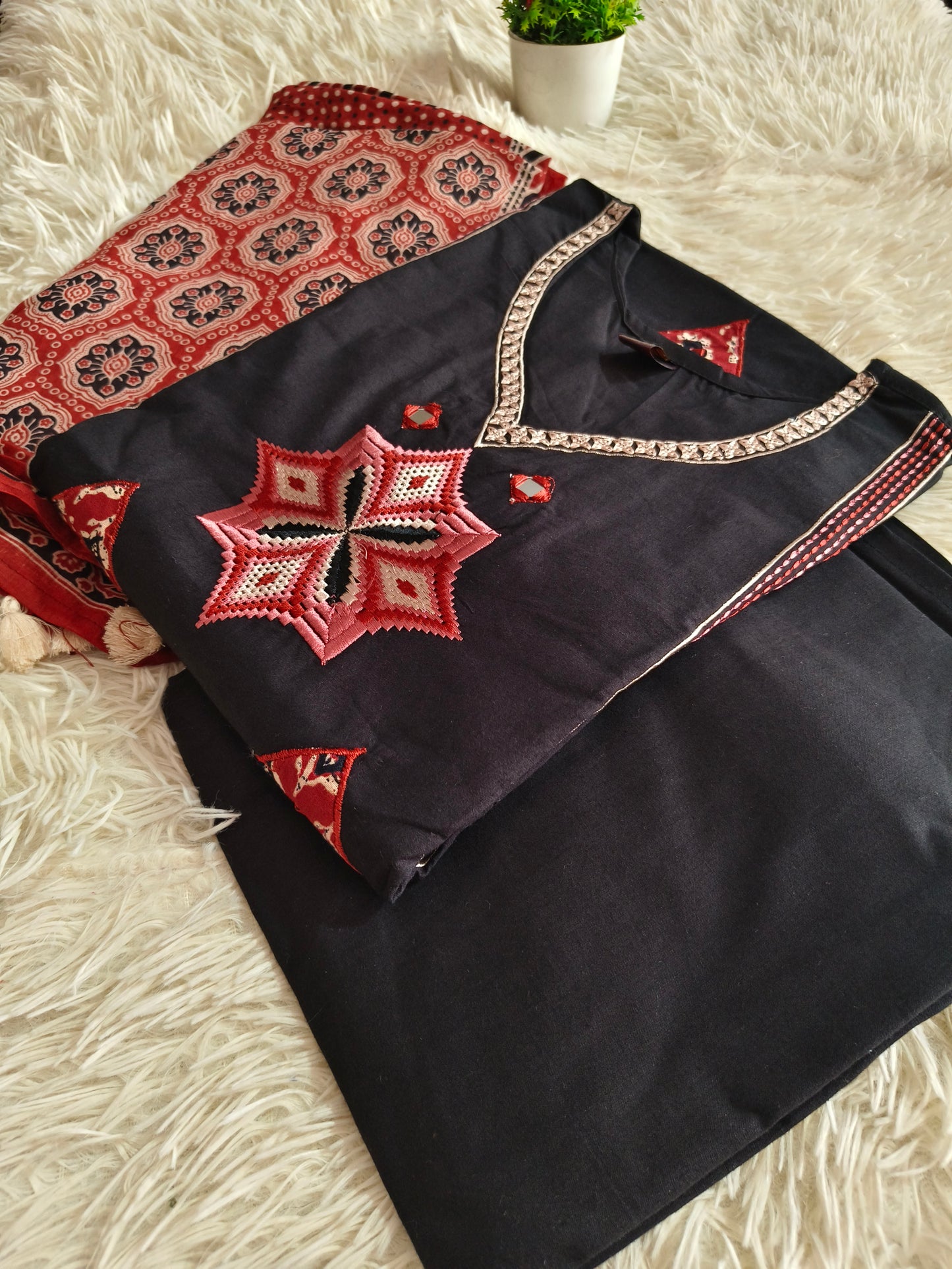 Black cotton straight cut Suit