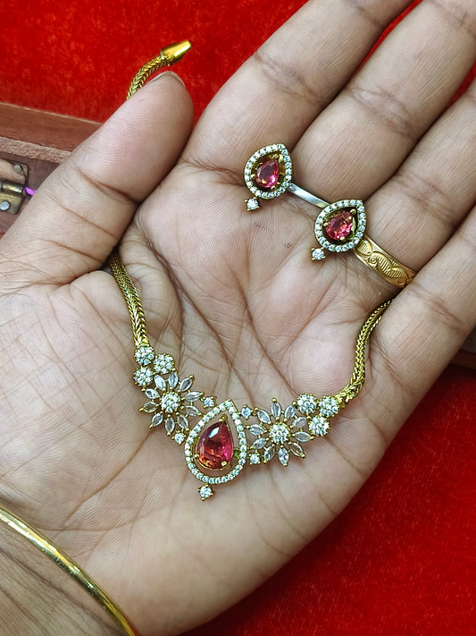 Ruby Red Teardrop floral gold plated Necklace