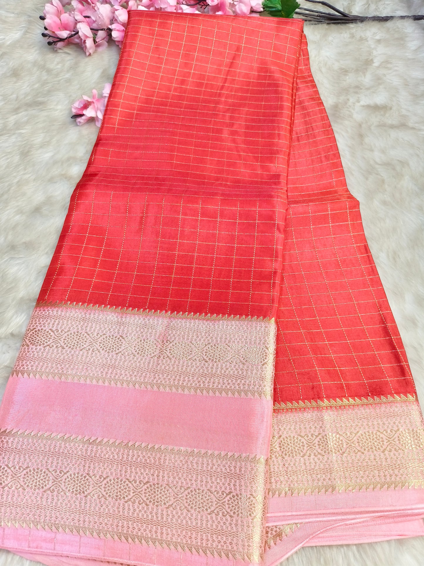 Red with baby Pink Munga silk saree