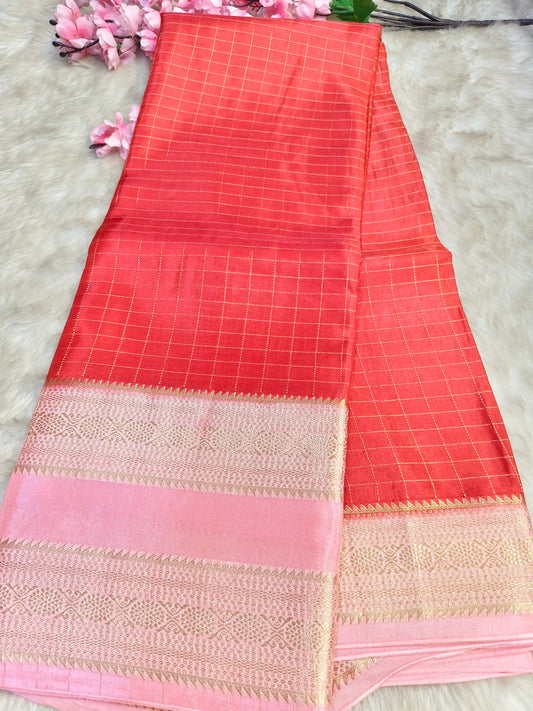 Red with baby Pink Munga silk saree