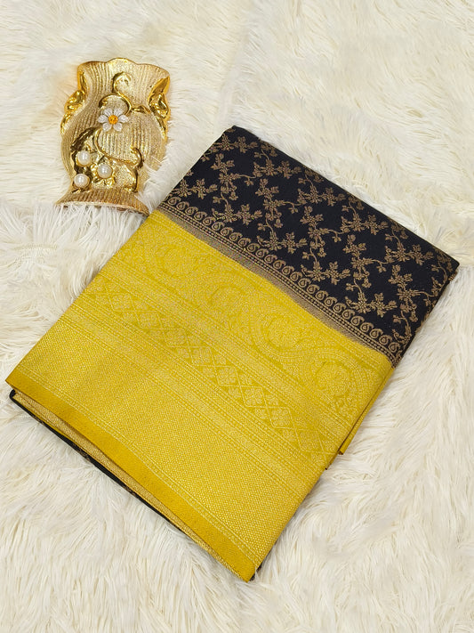 BLACK WITH LEMON YELLOW SILK GEORGETTE SAREE