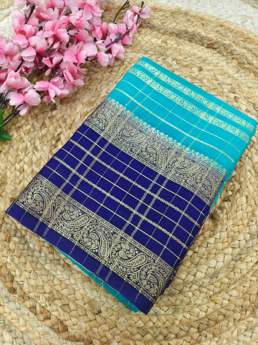 Sky blue  with navy  blue  botcrepe Georgette saree