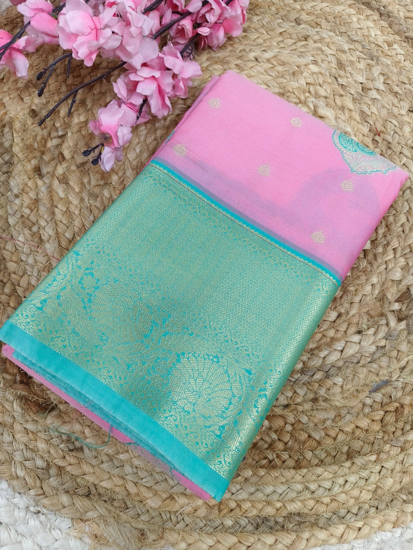 Pink with sea Green Elegant semi kanjivaram silk saree