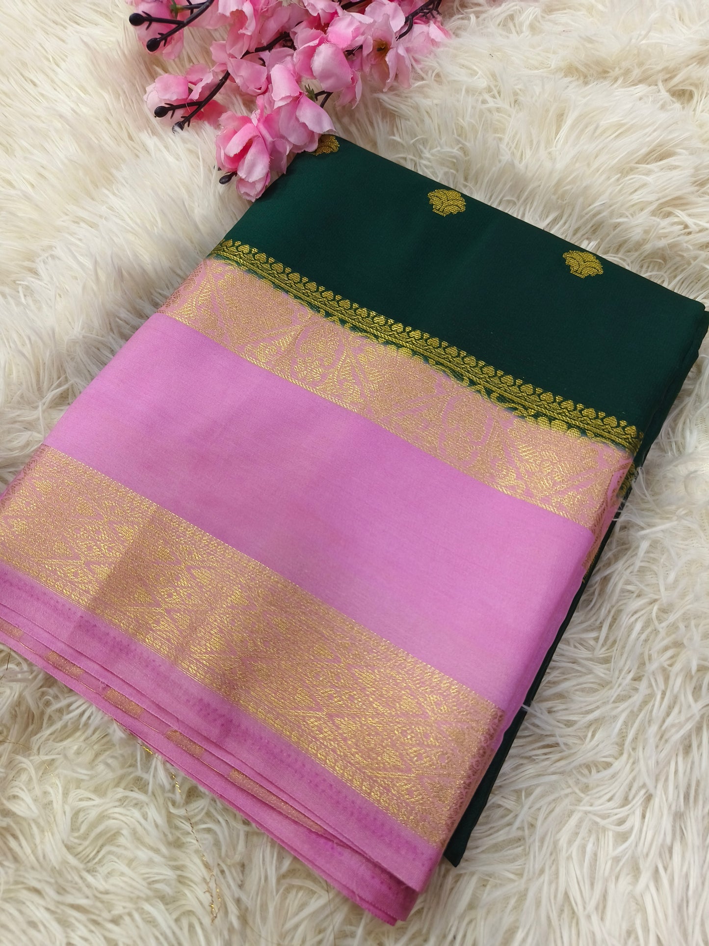 Green With Pink Semi Mysore crepe silk saree