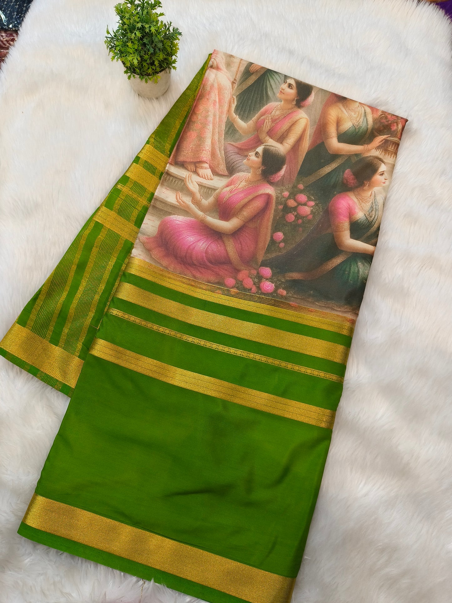 Leaf green printed semi Mysore crepe silk saree