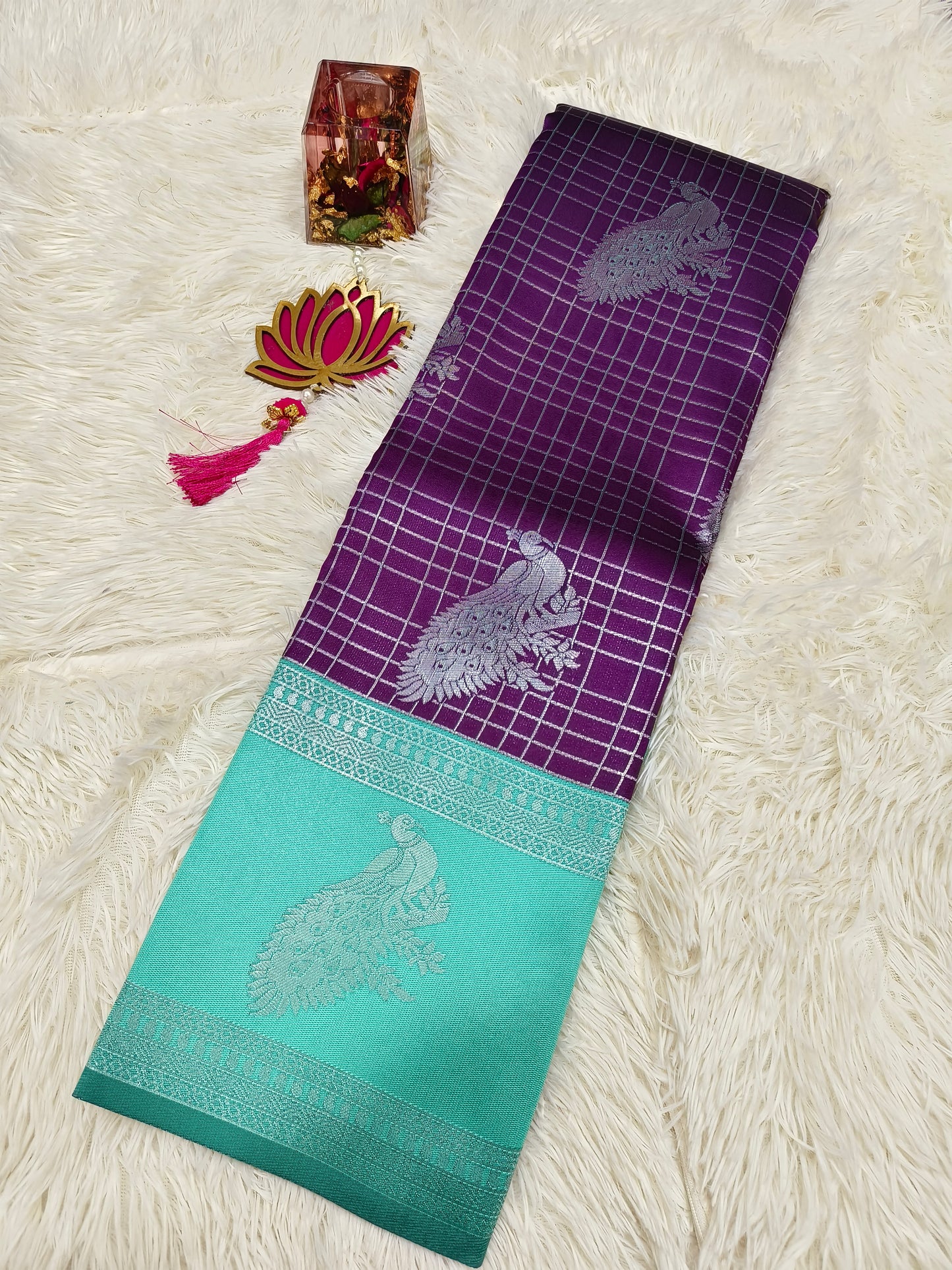 Wine with blue Mercidised silk saree