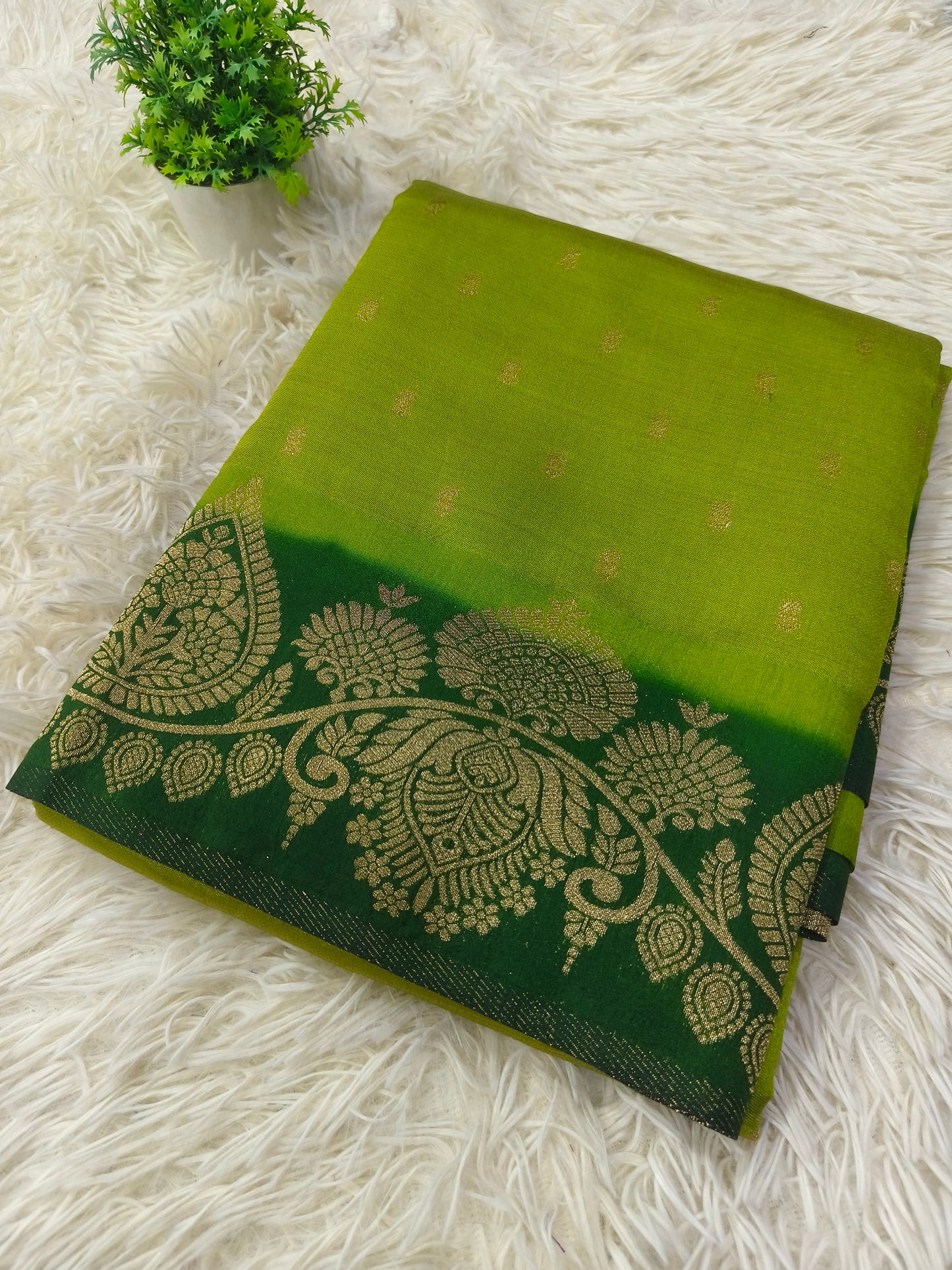 Parrot green with Bottle green soft silk saree