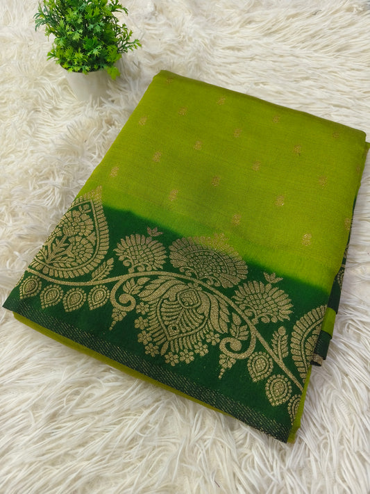 Parrot green with Bottle green soft silk saree