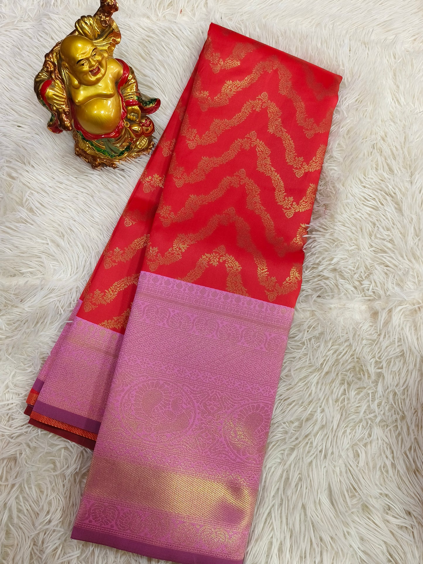 Red with pink Bridal semi silk saree