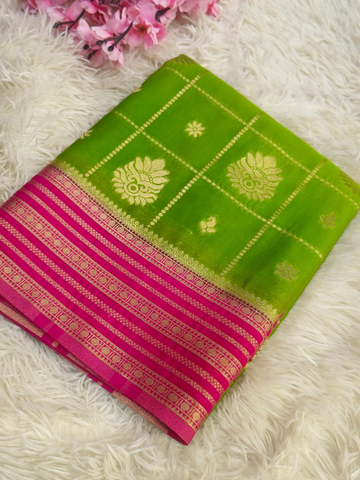 Parrot green with pink Semi Mysore crepe  georgette silk saree