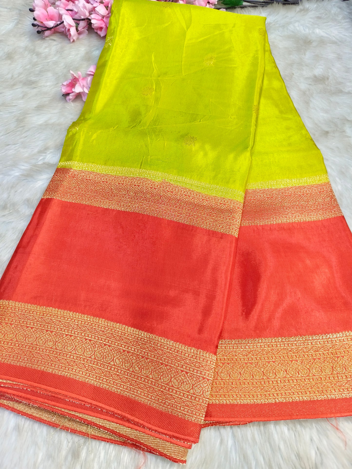 Parrot Green with orange Munga silk saree