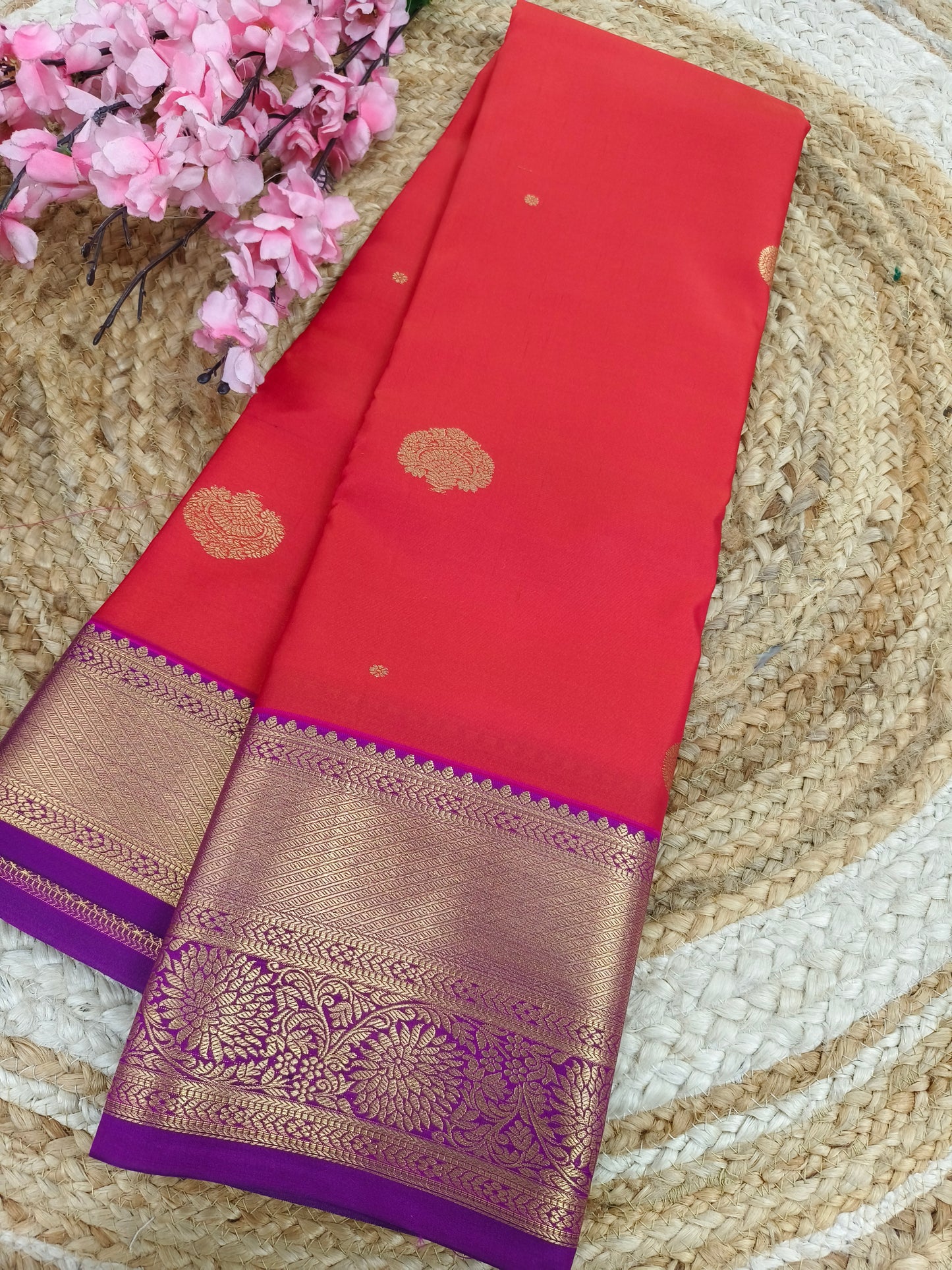 Red with purple Elegant semi kanjivaram silk saree
