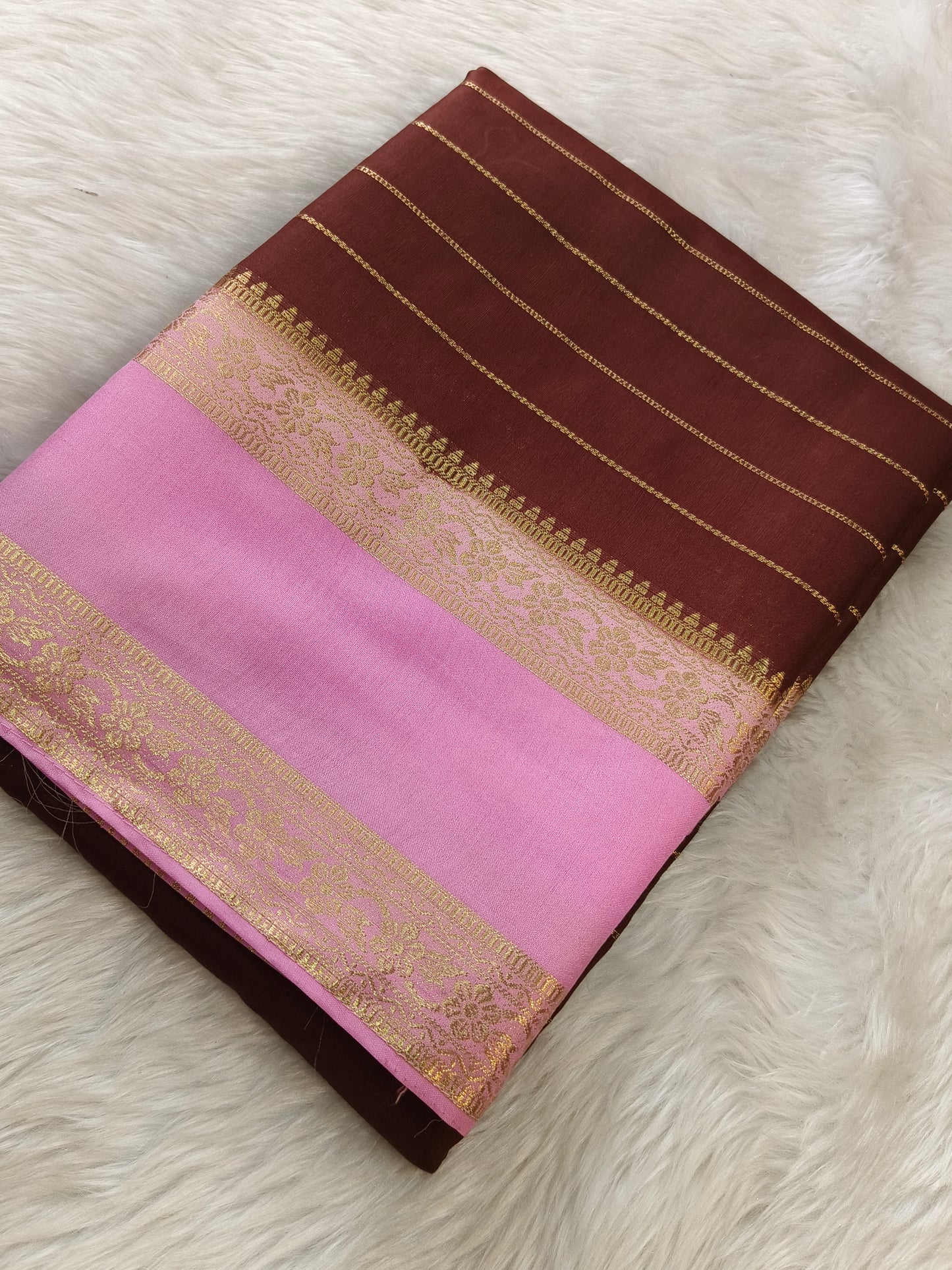 Brown With pink semi Mysore crepe silk saree