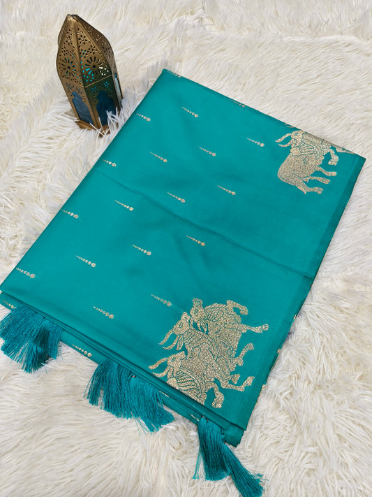 Aqua blue mulberry silk saree