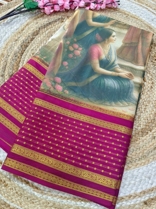 Wineish pink queen's printed semi Mysore crepe silk saree
