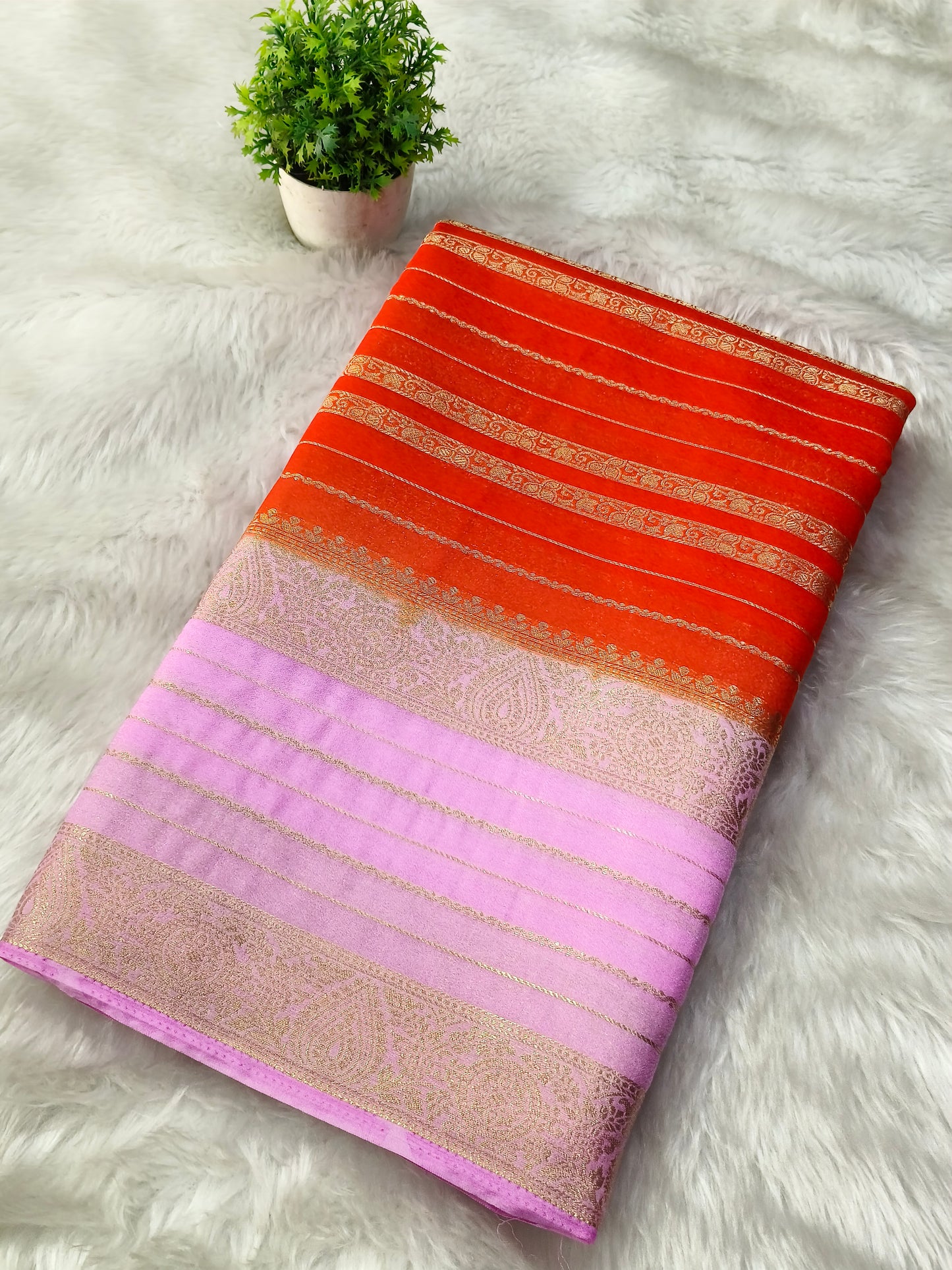 Orange With Light Lotus Pink semi Mysore crepe silk saree