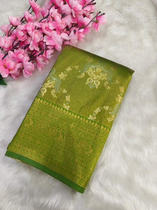 Green semi bridal tissues silk saree