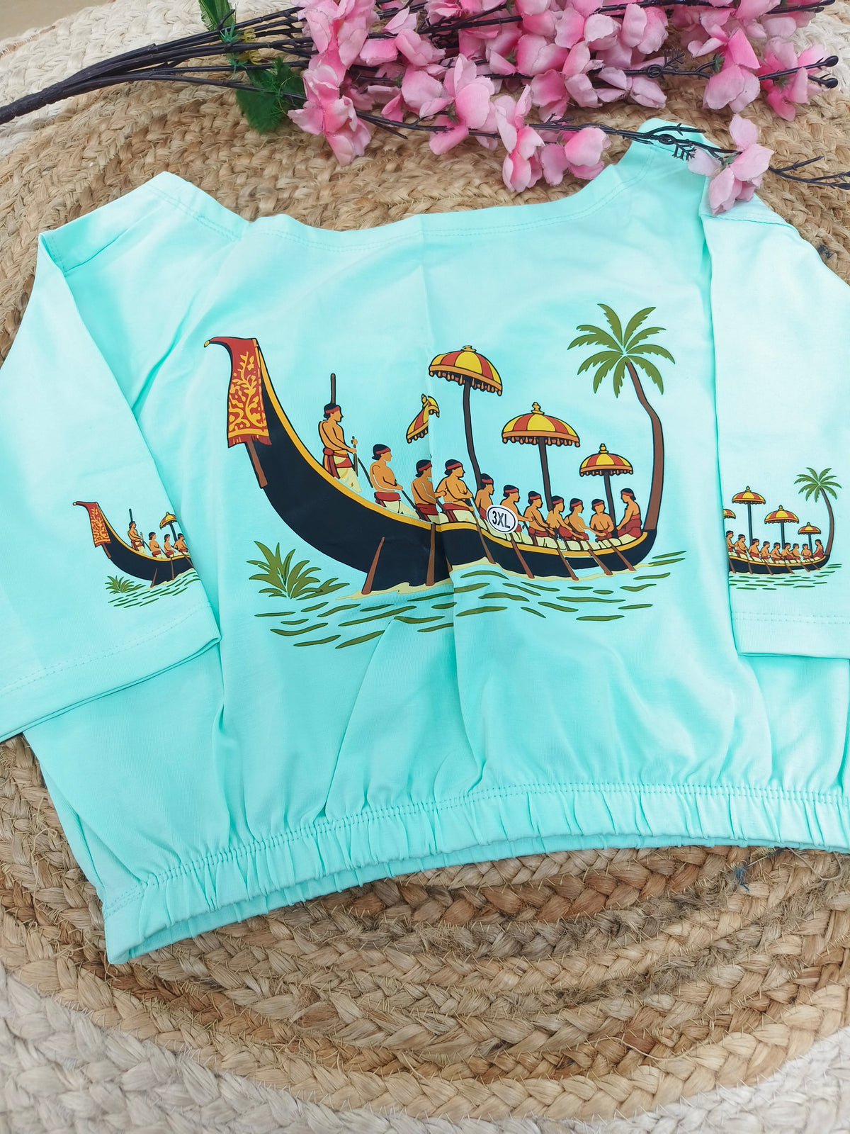 Teal Blue Stretchable blouse with unique printed design