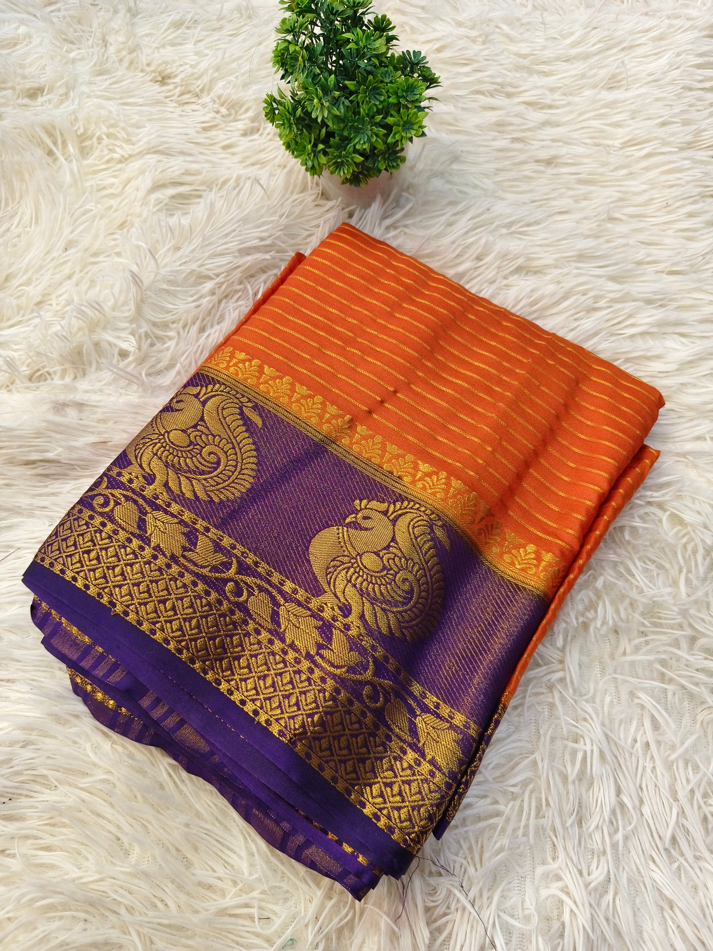 Orange with Purple semi Mysore crepe silk saree