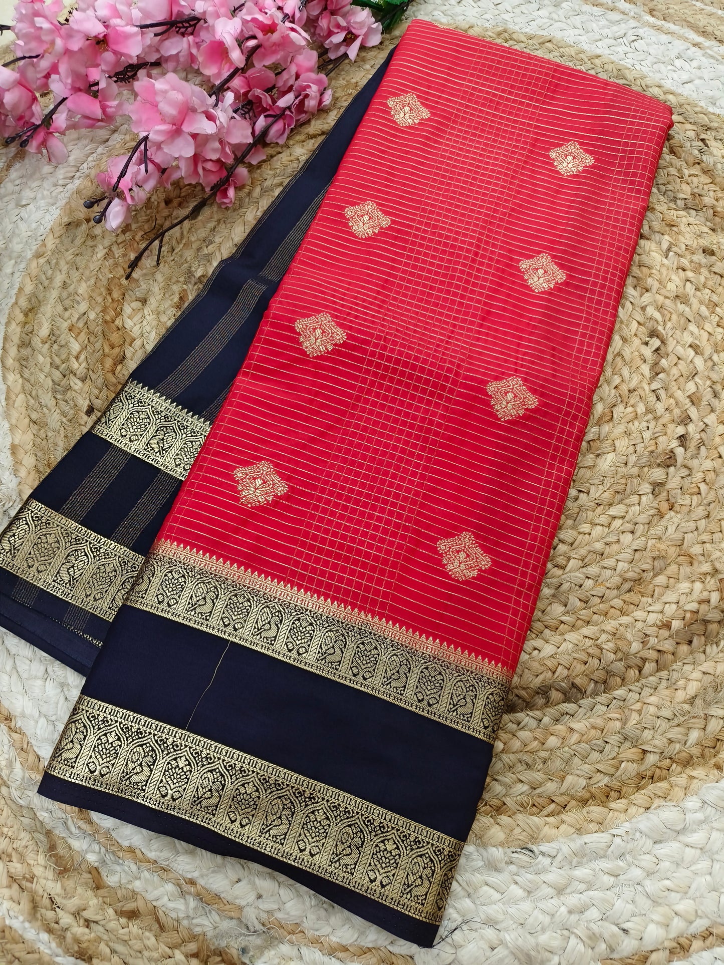 Red with Black  Semi Mysore silk