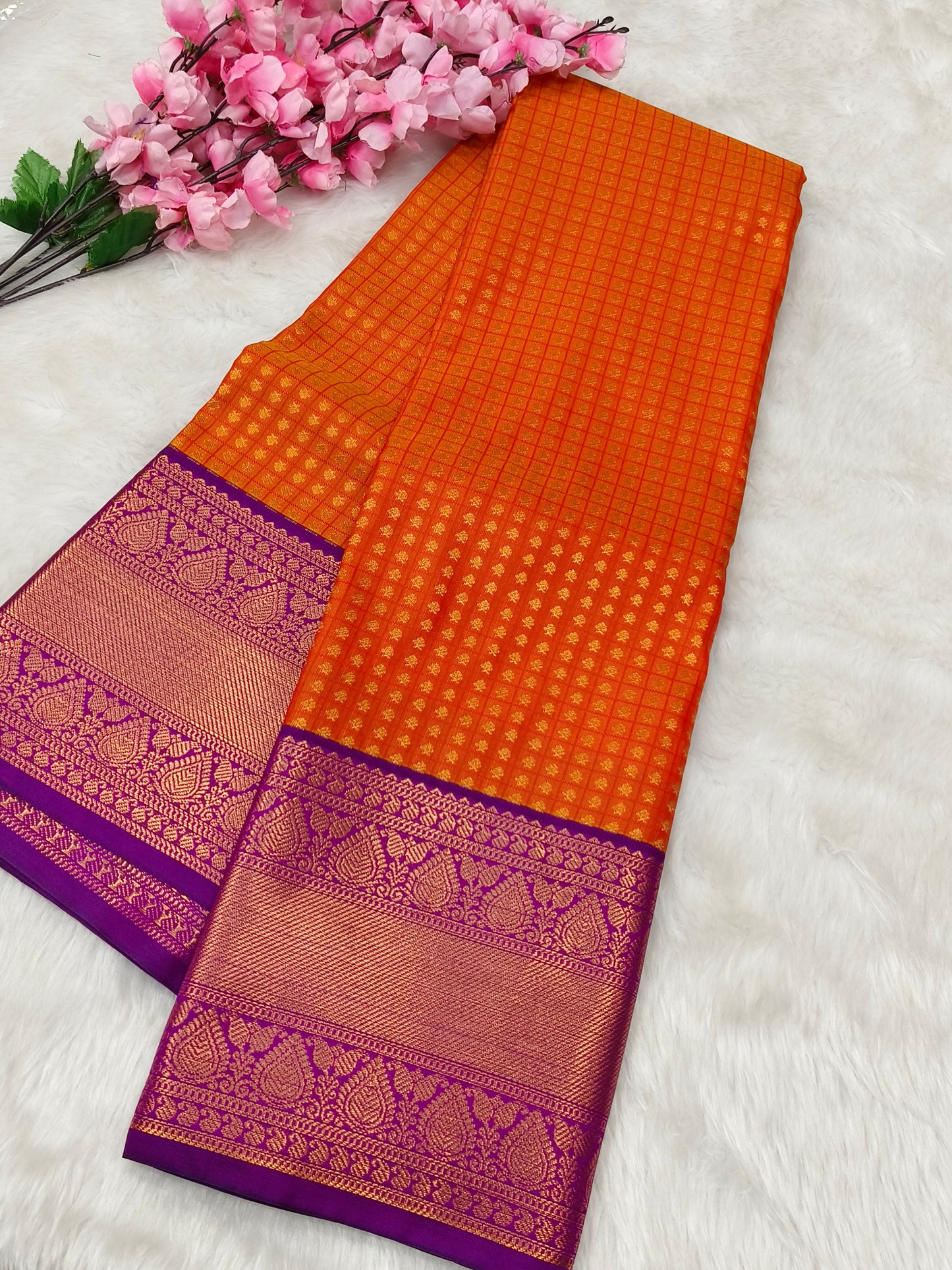 Orange With Purple primium kanjivaram silk saree