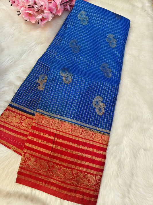 blue with Red georgette crepe silk saree