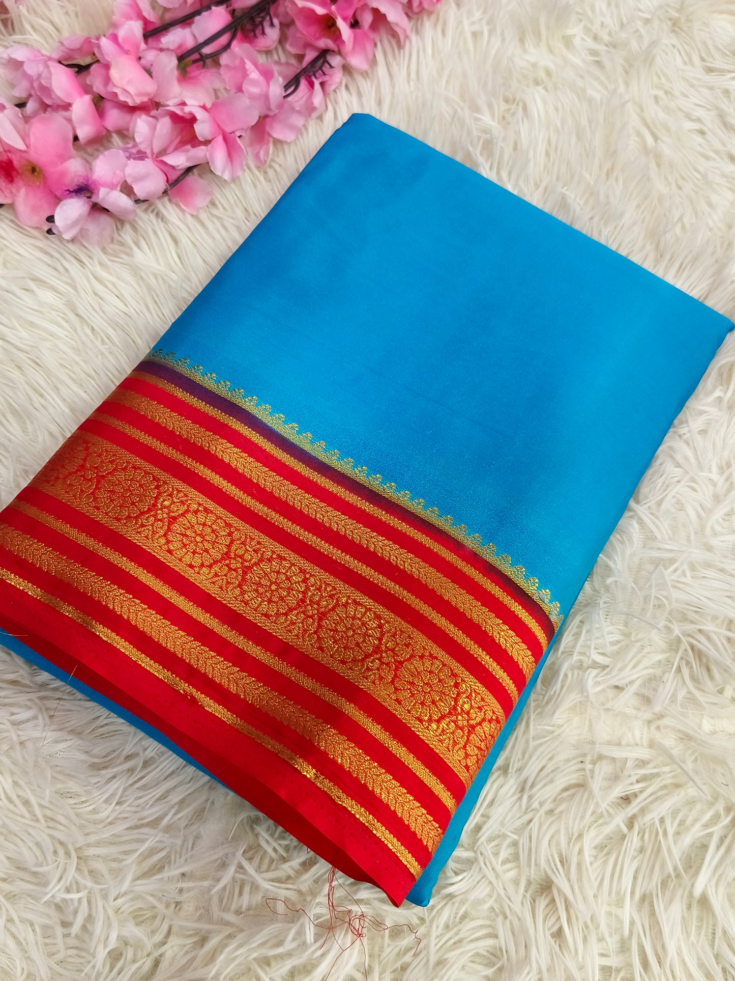 Sky blue with Red semi Mysore crepe silk