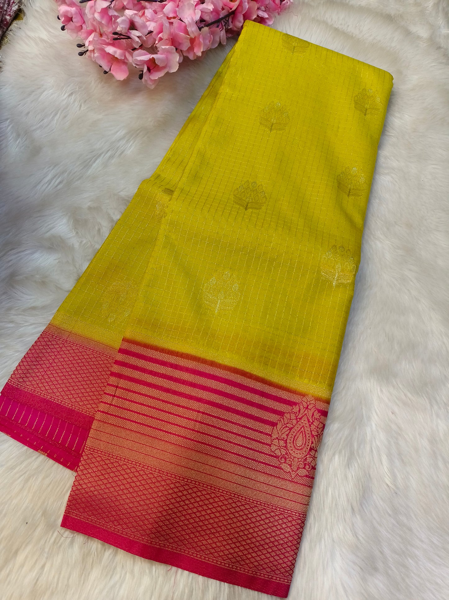 Yellow with pink semi Mysore silk saree